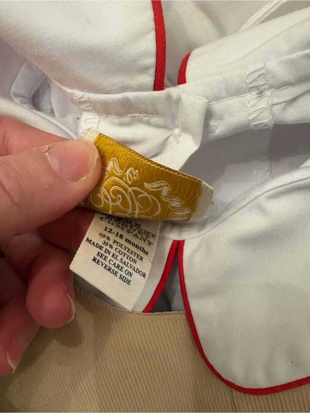 The Beaufort Bonnet Company Tan Shortall with White Shirt and Red Piping